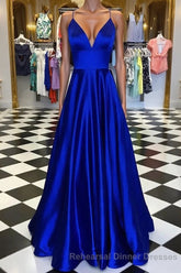 Pretty Royal Blue A-line Spaghetti Straps Semi Formal Prom Dresses, Evening Dresses